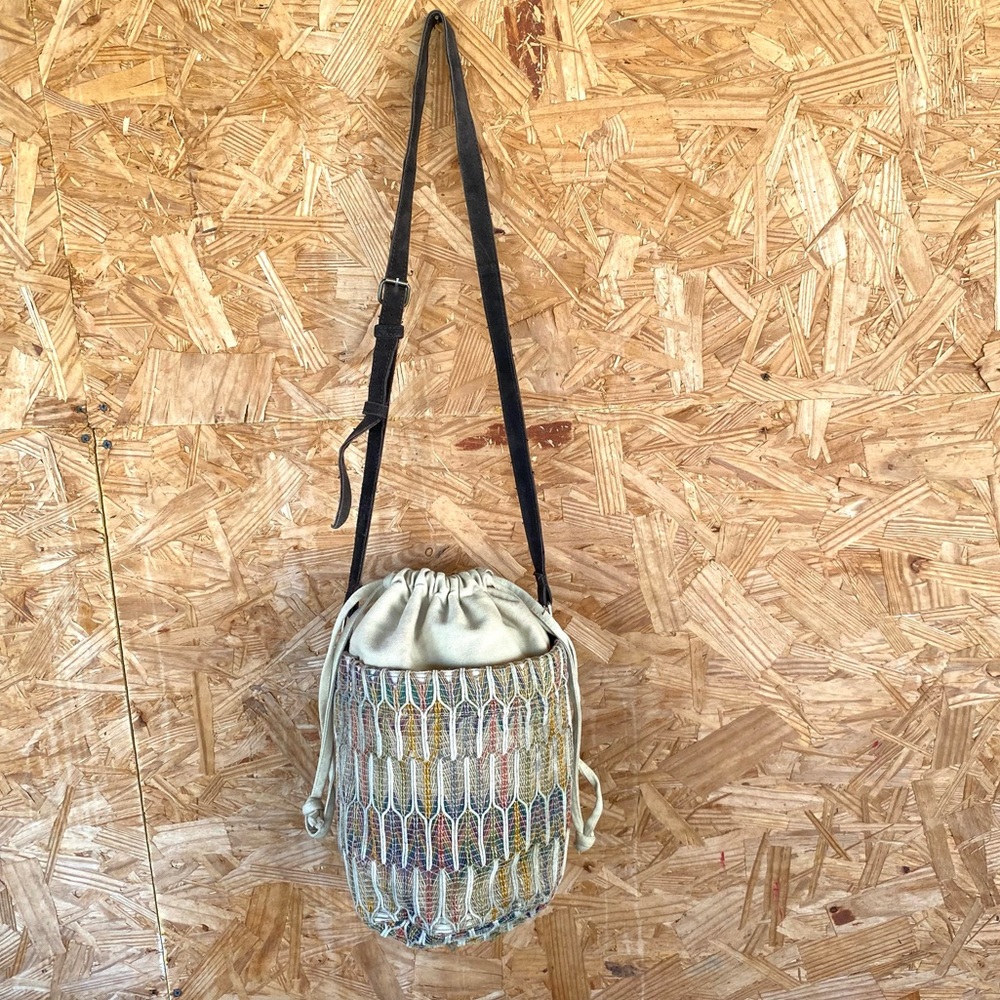 World Market multi color woven drawstring top bucket bag - Picture 2 of 10